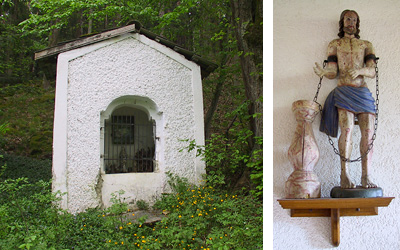 Die Hausbauern Kapelle in der Ortschaft Freudenstein (li), der gotische Schmerzensmann (re) 