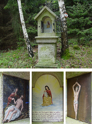 Der Sierreiter Bildstock in der Ortschaft Lacken (oben) mit den drei Bildtafeln